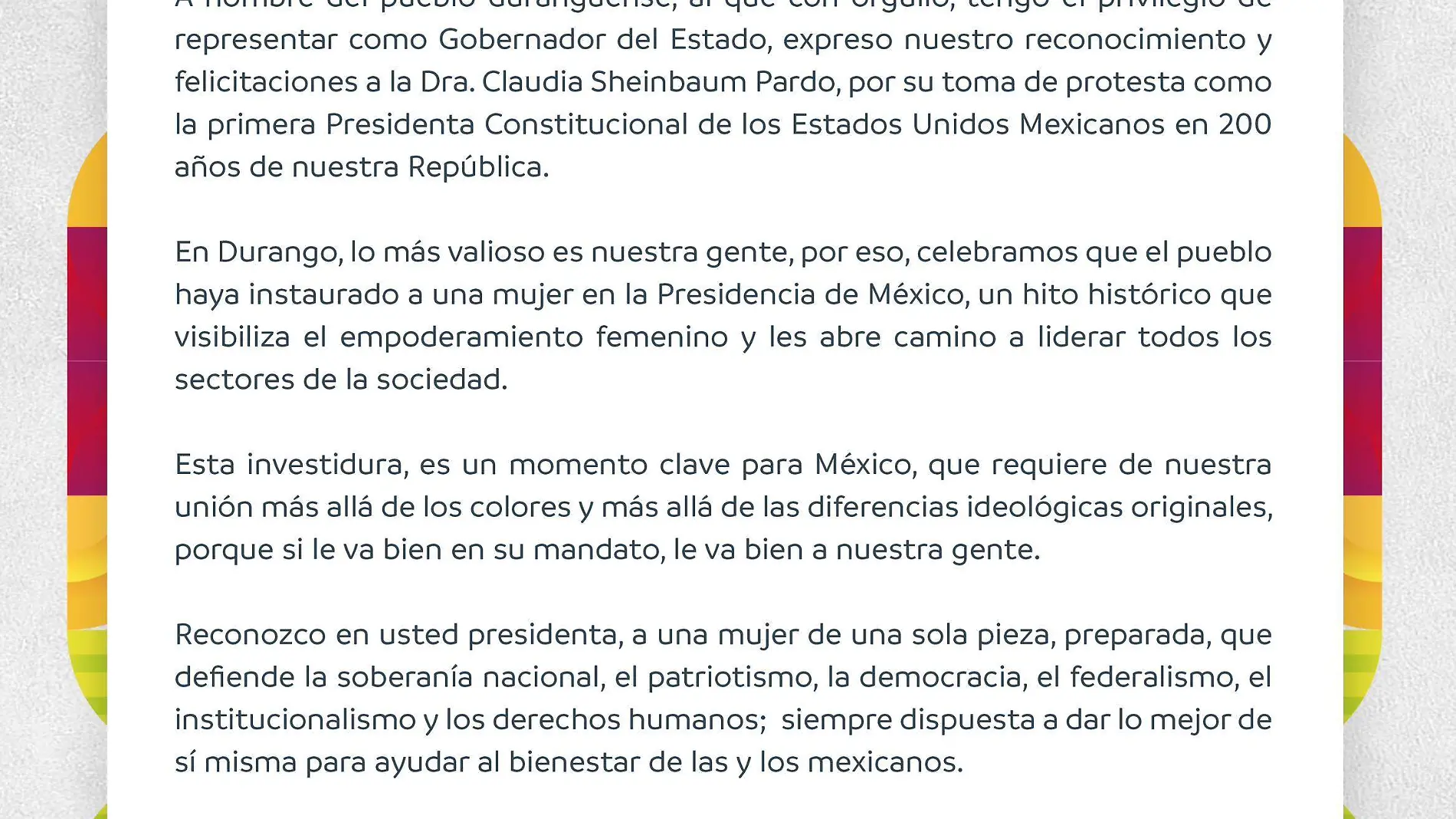 Celebramos que el pueblo haya instaurado a una mujer en la Presidencia de México: Esteban Villegas